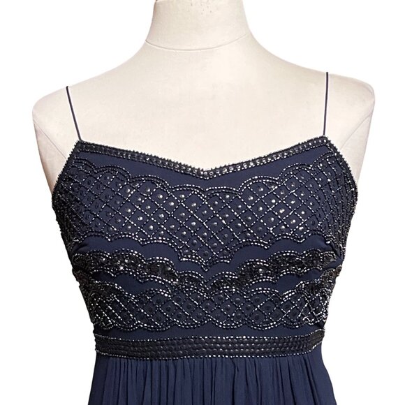 Adrianna Papell Navy Blue Beaded Maxi Dress Sweetheart Bodice Flowy Skirt Size 6 - Picture 3 of 10